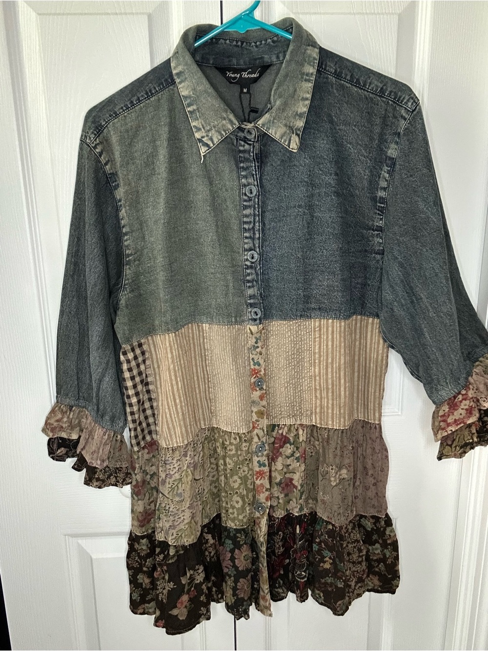 NWT Young Threads Mixed Denim and Patchwork Floral Button-Front Tunic